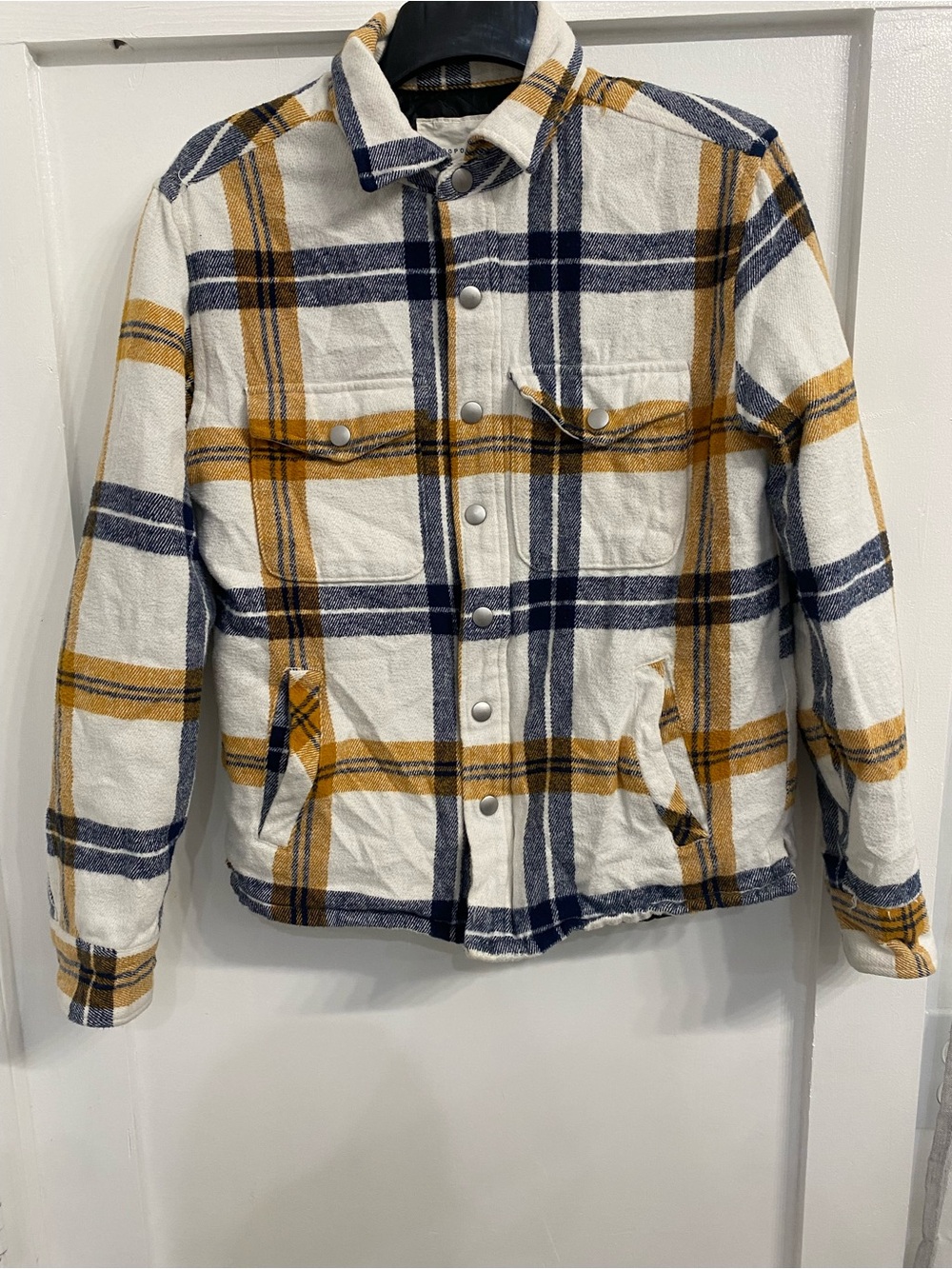 Aeropostale White Plaid Snap-Front Jacket with Navy & Mustard Stripes